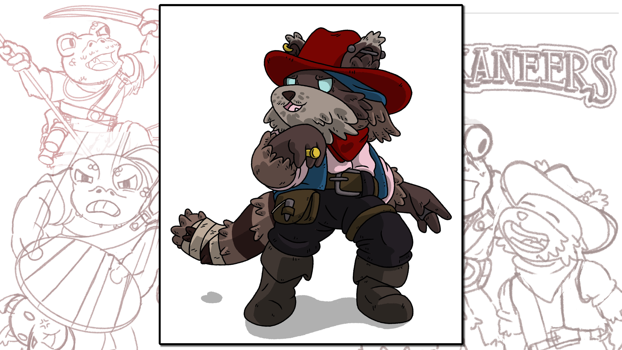 Concept art showing one of the characters of Buckaneers, a raccoon with a dashing red hat and a pirate outfit.