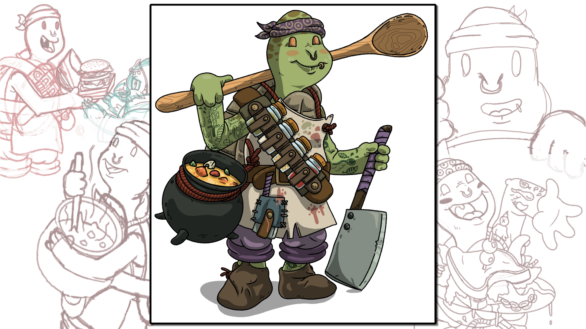 Concept art of the cook with background sketches. The cook is a turtle with a handkerchief around his head, wielding a large butcher knife and a cauldron of soup with wooden spoon.